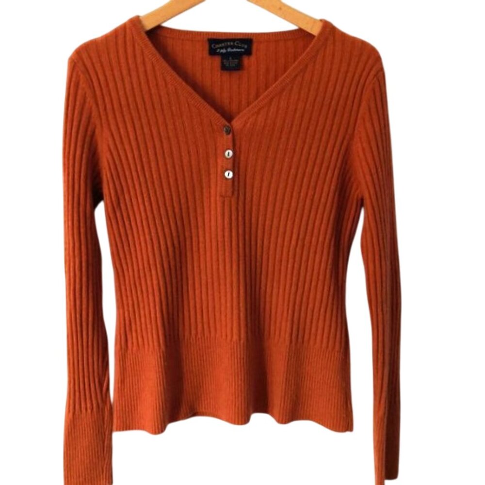 Charter Club 100% Cashmere Long Sleeve V-Neck Sweater Auburn Color‎ Size S